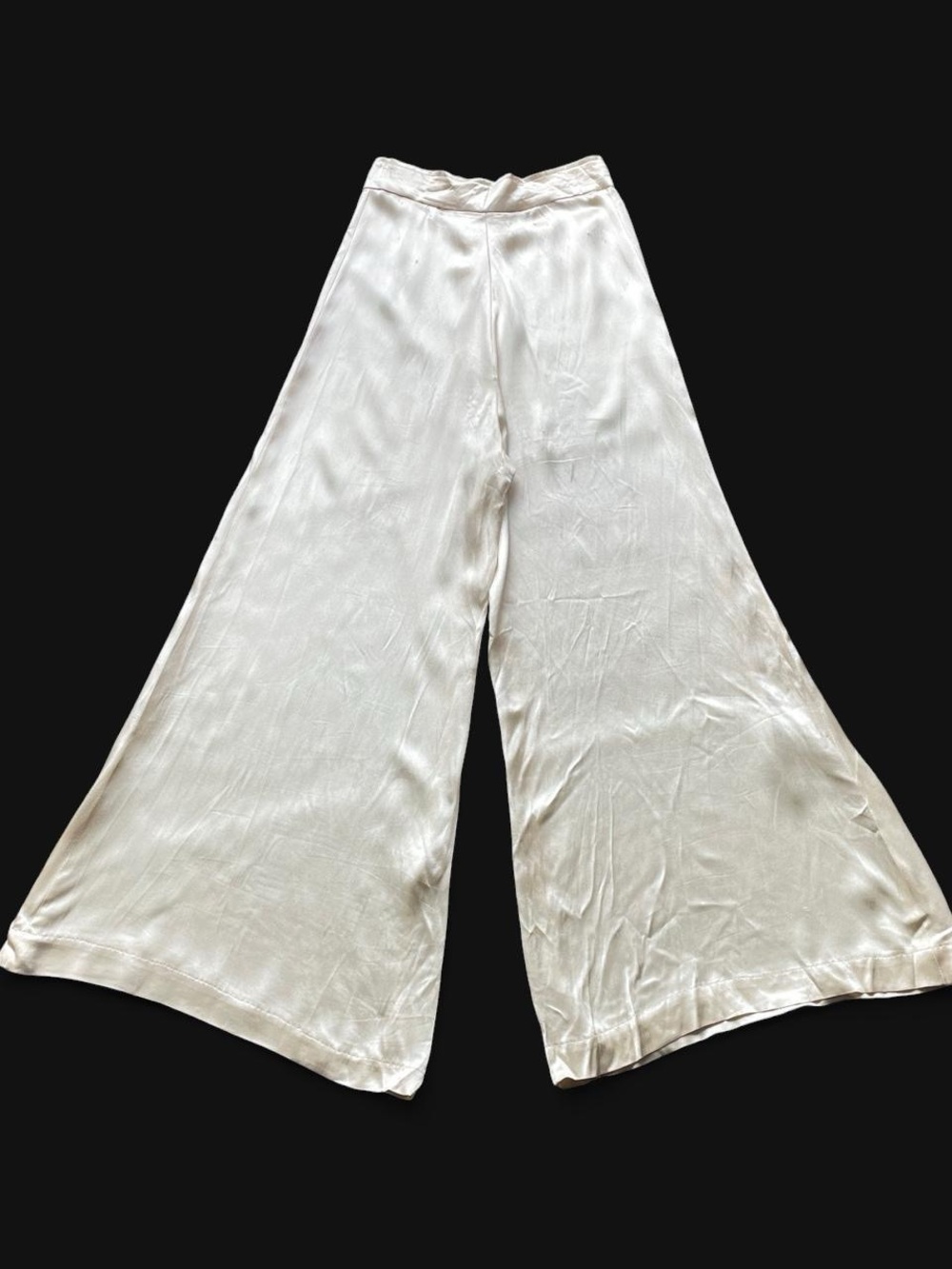 Vintage 70s Wide Leg Satin Trousers in Ivory - Picture 2 of 8